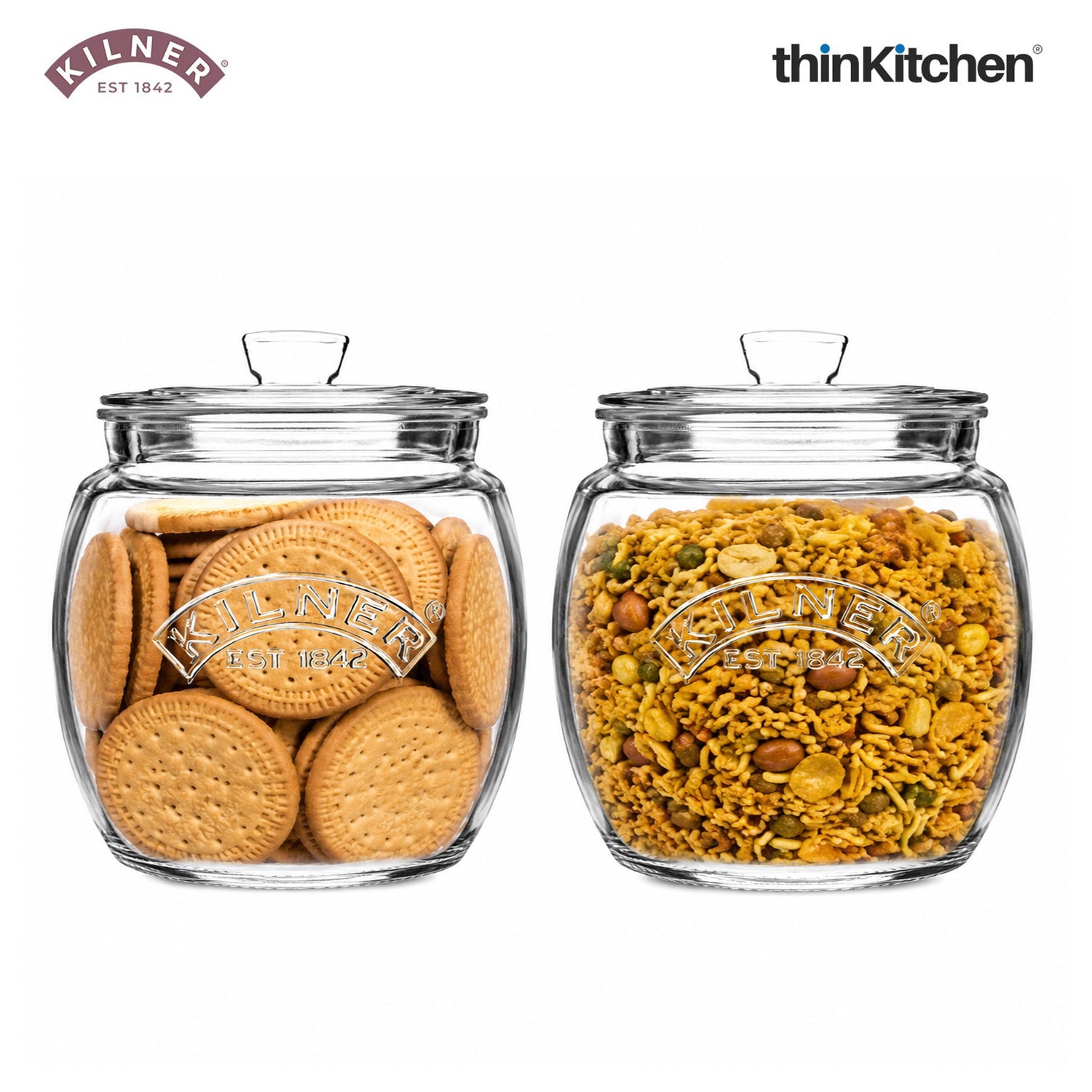 Kilner Premium 2 Pcs x 850ml Universal Airtight Clear Glass Jar with Push Top Lid for Dry Food Like Grains, Spices, Pickles, Sauces | Transparent, BPA Free, Reusable Kitchen Storage Container, Fridge Safe - 1