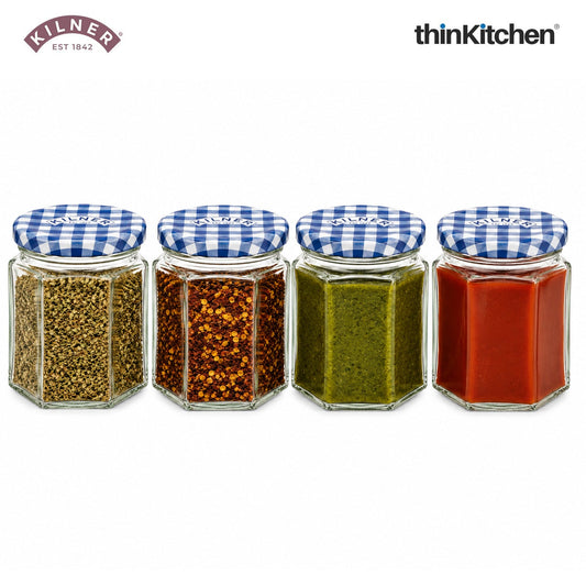 Kilner Premium Mini 4 x 48ml Hexagonal Airtight Glass Jar for Spices, Honey, Jam, Return Gifts | Twist Top Storage Kitchen Storage Container, Reusable, Transparent