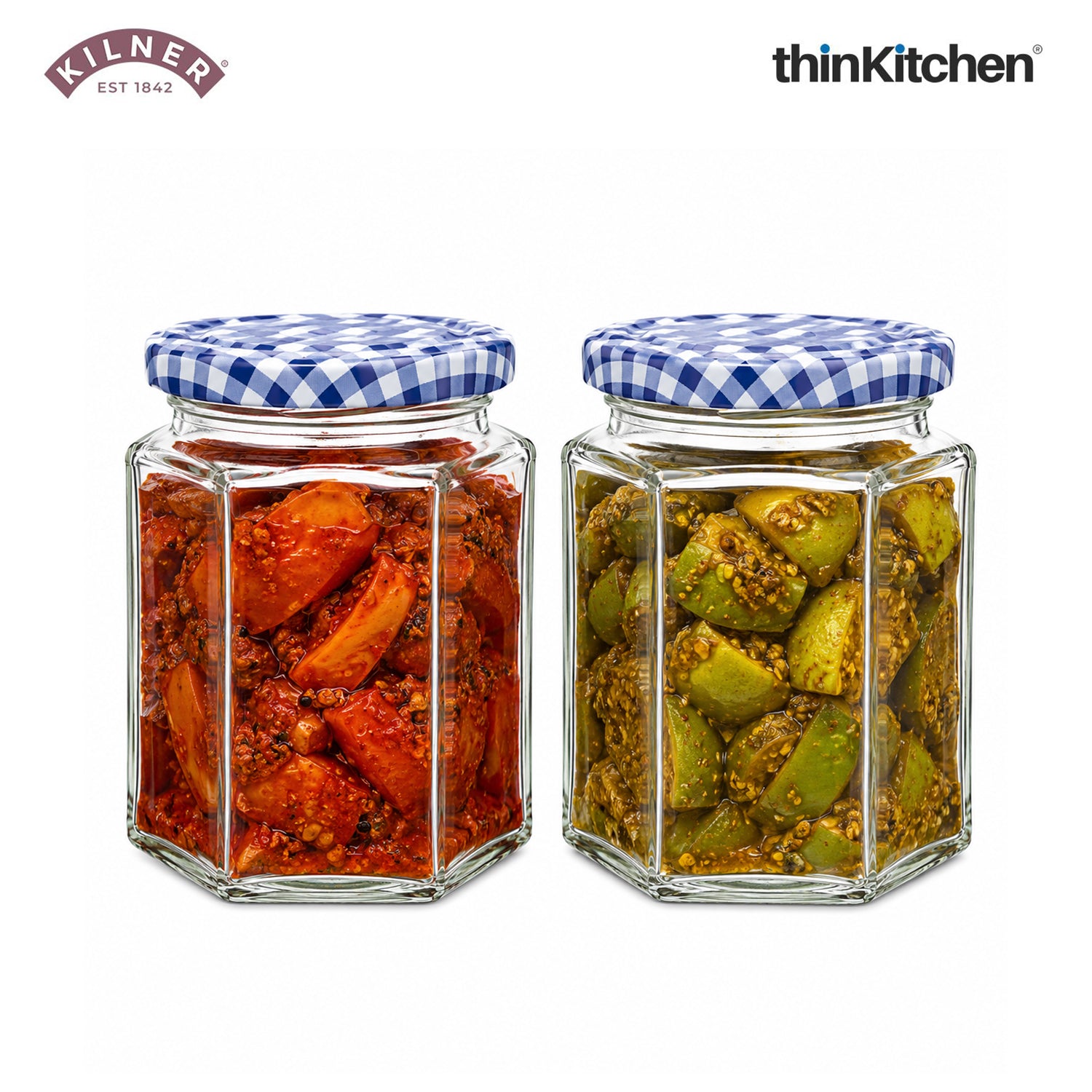 Kilner Premium 2 Pcs x 280ml Hexagonal Twist Top Airtight Glass Jar for Herbs, Spices, Jams, Chutneys | Transparent, Reusable, Eco-Friendly Kitchen Storage Container - 1