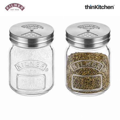 Kilner Premium 2 Pcs x 250ml Airtight, Leakproof Spice Shaker Glass Jar with Stainless Steel Shaker Lid for Salt, Spices, Herbs & Sprinkles | Reusable, BPA Free Kitchen Dispenser