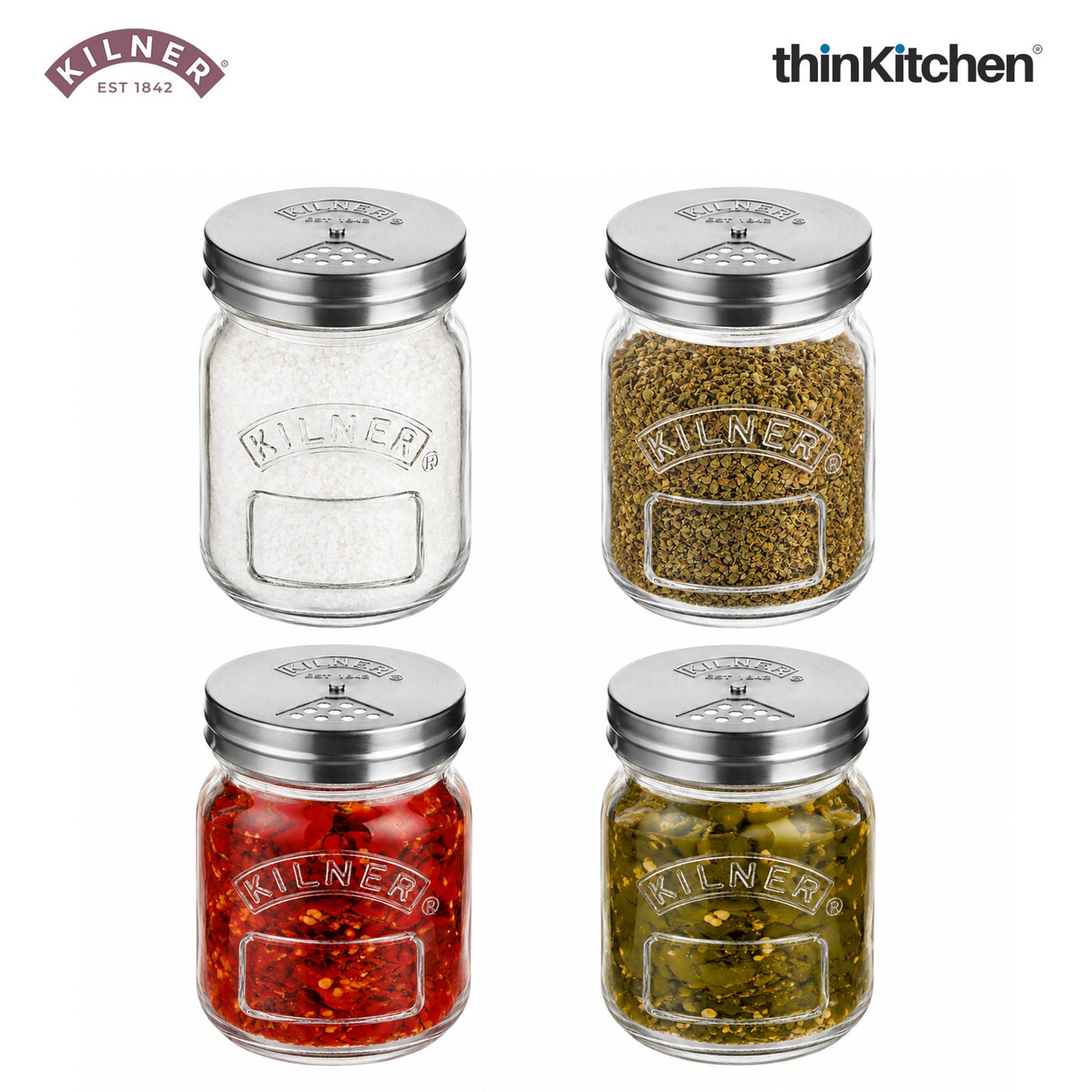 Kilner Premium 4 Pcs x 250ml Airtight, Leakproof Spice Shaker Glass Jar with Stainless Steel Shaker Lid for Salt, Spices, Herbs & Sprinkles | Reusable, BPA Free Kitchen Dispenser - 1
