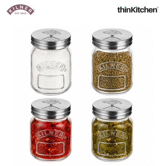 Kilner Premium 4 Pcs x 250ml Airtight, Leakproof Spice Shaker Glass Jar with Stainless Steel Shaker Lid for Salt, Spices, Herbs & Sprinkles | Reusable, BPA Free Kitchen Dispenser