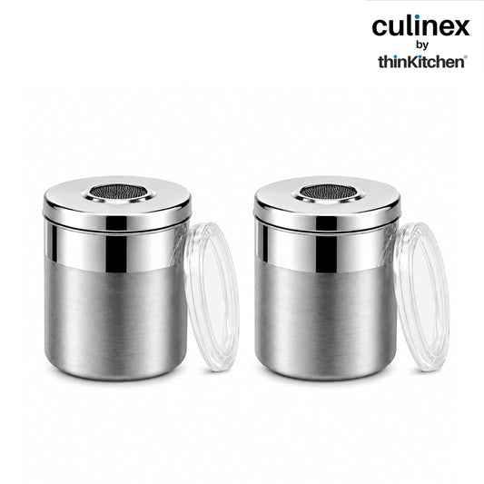 Culinex Stainless Steel 2 Pcs x 100ml Fine Seasoning Salt & Pepper Dispenser (5x6cm) Powder Spice Shaker for Masala, Icing Sugar, Dual Finish Condiment Canister by thinKitchen