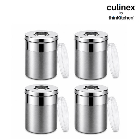Culinex Stainless Steel 4 Pcs x 100ml Fine Seasoning Salt & Pepper Dispenser (5x6cm) Powder Spice Shaker for Masala, Icing Sugar, Dual Finish Condiment Canister by thinKitchen