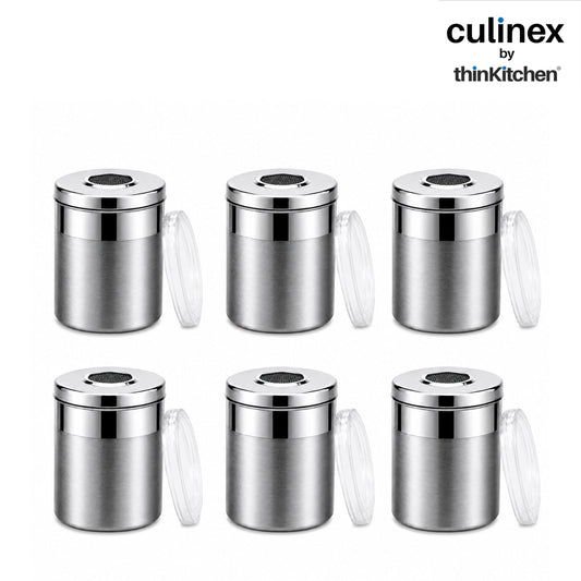Culinex Stainless Steel 6 Pcs x 100ml Fine Seasoning Salt & Pepper Dispenser (5x6cm) Powder Spice Shaker for Masala, Icing Sugar, Dual Finish Condiment Canister by thinKitchen