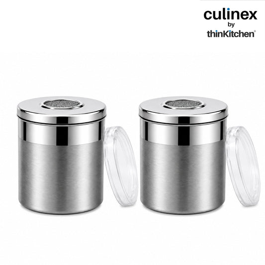 Culinex Stainless Steel 2 Pcs x 120ml Fine Seasoning Salt & Pepper Dispenser (6 x 5 cm) Powder Spice Shaker for Masala, Icing Sugar, Dual Finish Condiment Canister by thinKitchen
