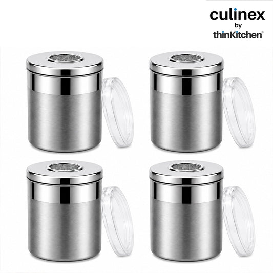 Culinex Stainless Steel 4 Pcs x 120ml Fine Seasoning Salt & Pepper Dispenser (6 x 5 cm) Powder Spice Shaker for Masala, Icing Sugar, Dual Finish Condiment Canister by thinKitchen