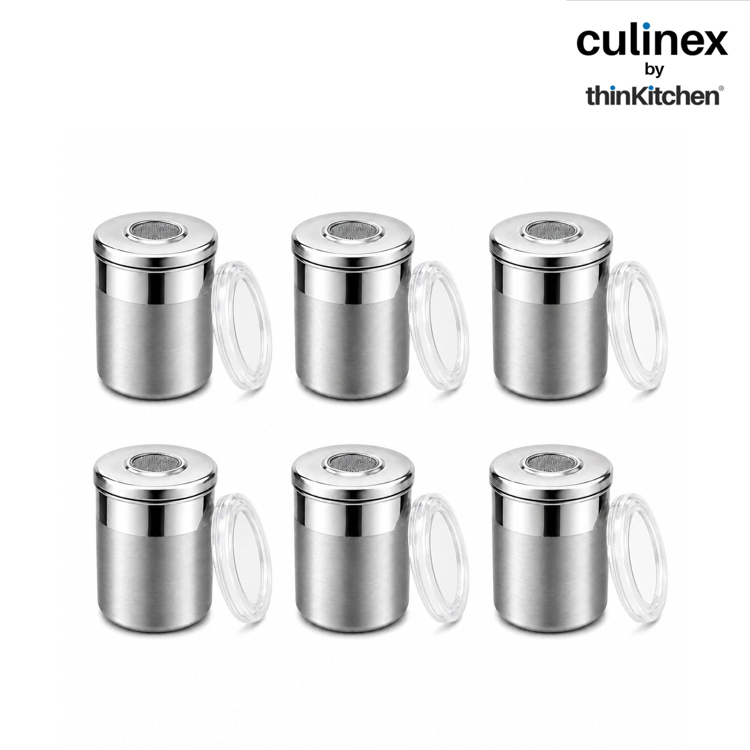 Culinex Stainless Steel 6 Pcs x 120ml Fine Seasoning Salt & Pepper Dispenser (6 x 5 cm) Powder Spice Shaker for Masala, Icing Sugar, Dual Finish Condiment Canister by thinKitchen - 1