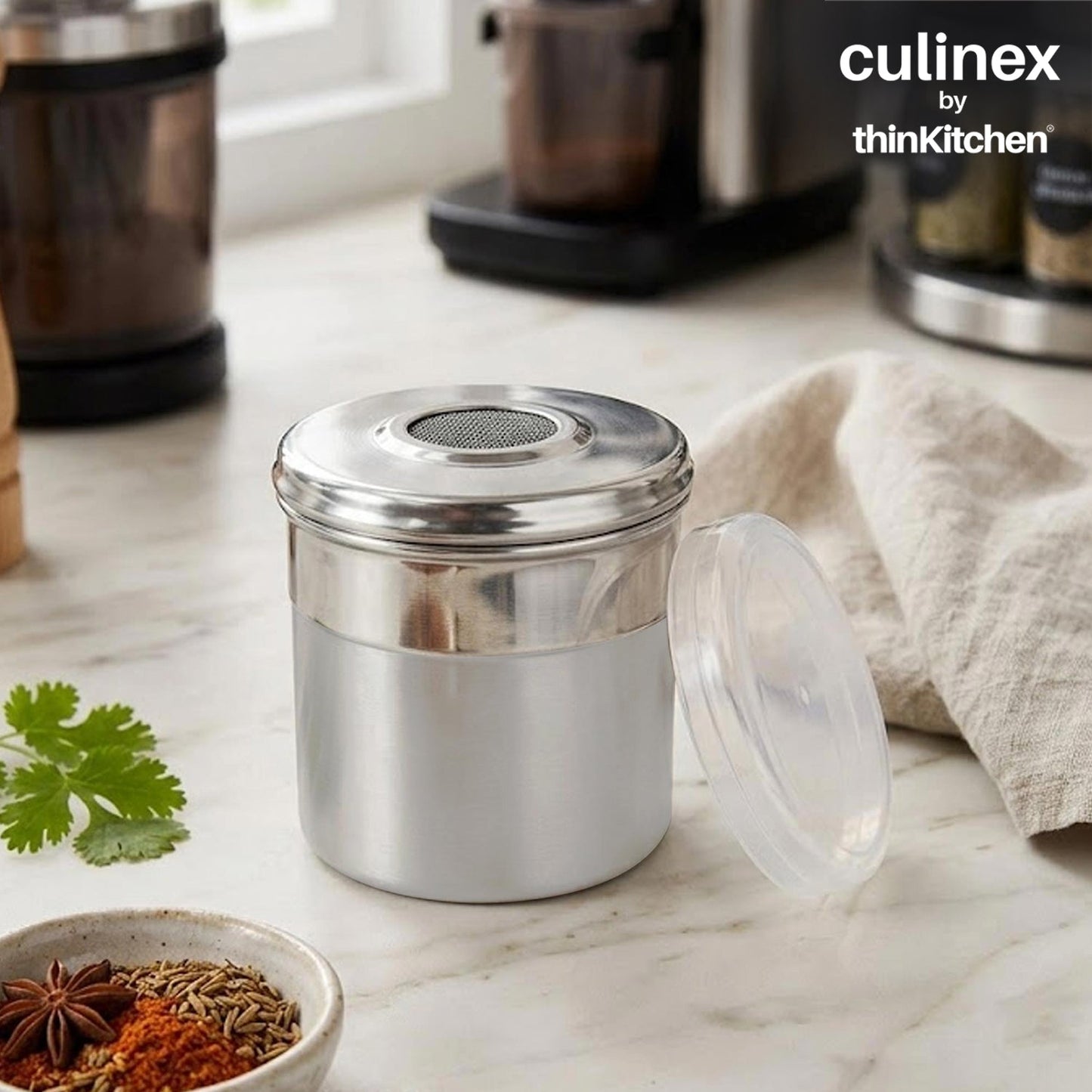 Culinex Stainless Steel 6 Pcs x 120ml Fine Seasoning Salt & Pepper Dispenser (6 x 5 cm) Powder Spice Shaker for Masala, Icing Sugar, Dual Finish Condiment Canister by thinKitchen