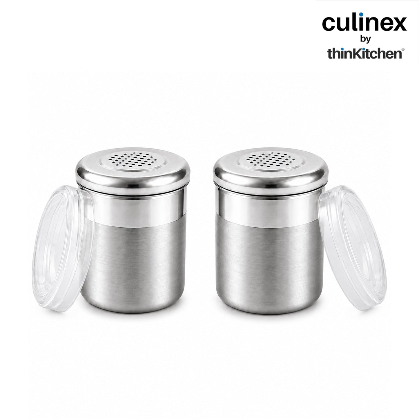 Culinex Stainless Steel 2 Pcs x 120ml Dispenser Shaker for Icing Sugar, Cocoa 6x5 cms | Fine Small Powder Dispenser with Lid for Cinnamon, Baking Sprinkler | Dual Finish Mini Canister by thinKitchen