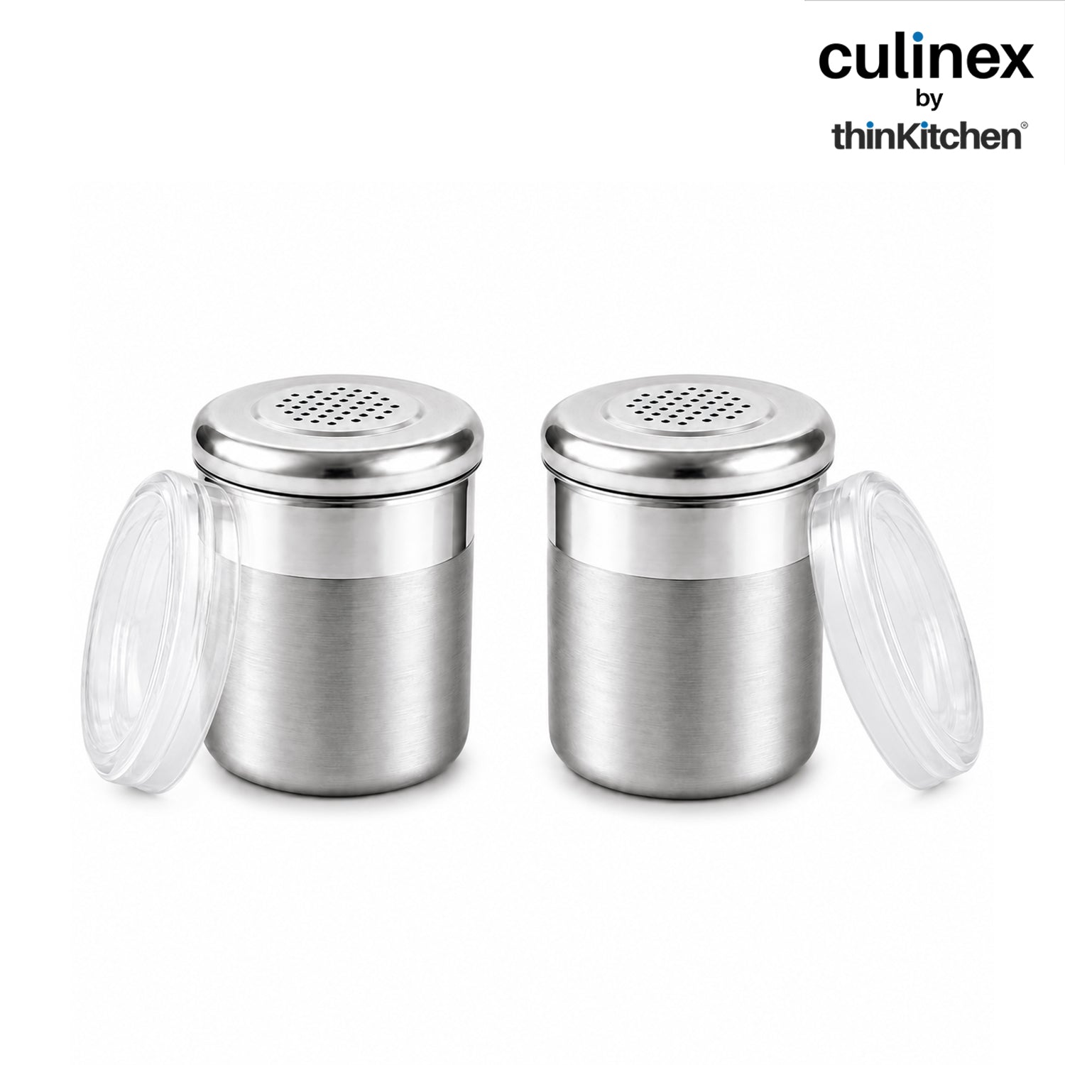 Culinex Stainless Steel 2 Pcs x 120ml Dispenser Shaker for Icing Sugar, Cocoa 6x5 cms | Fine Small Powder Dispenser with Lid for Cinnamon, Baking Sprinkler | Dual Finish Mini Canister by thinKitchen - 1