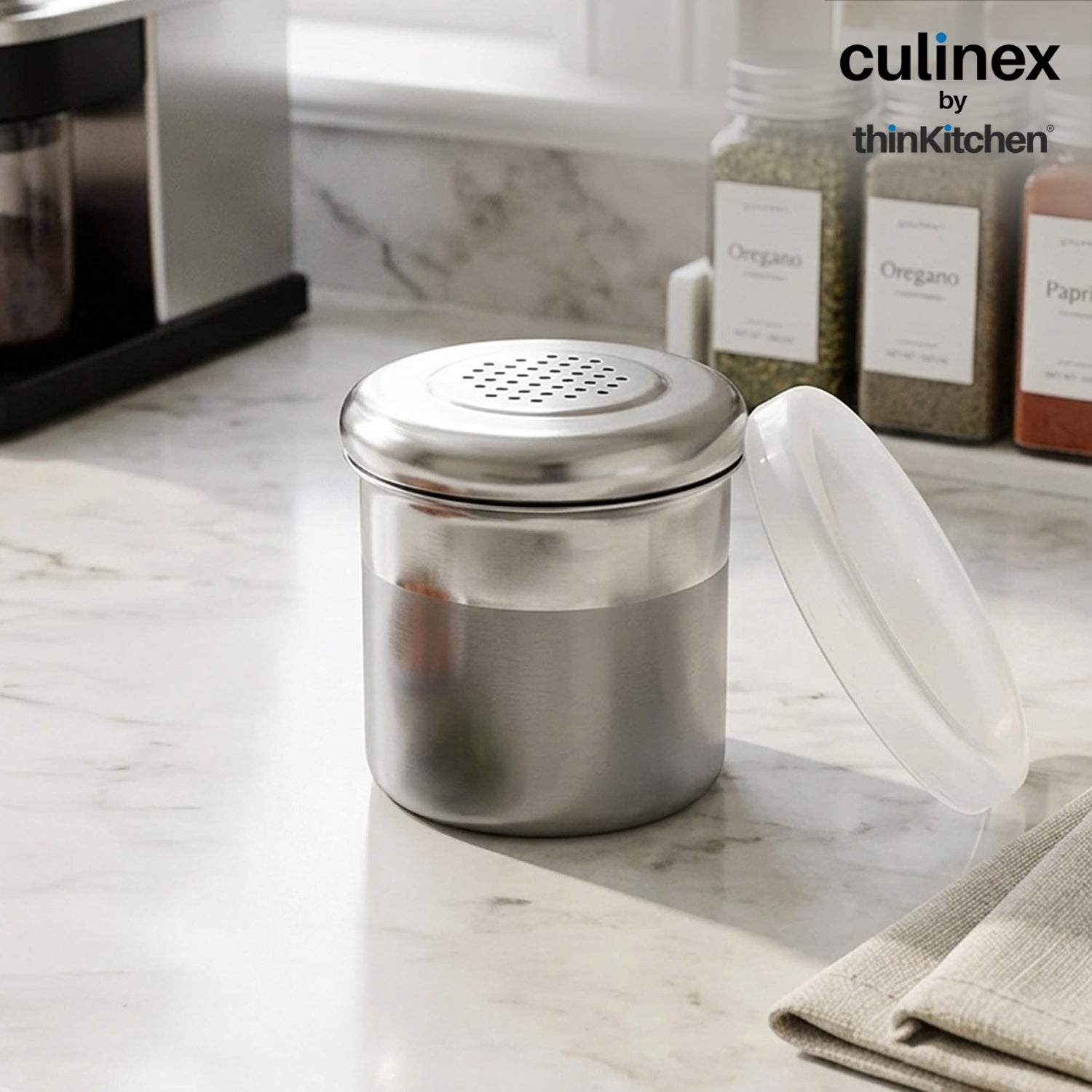 Culinex Stainless Steel 2 Pcs x 120ml Dispenser Shaker for Icing Sugar, Cocoa 6x5 cms | Fine Small Powder Dispenser with Lid for Cinnamon, Baking Sprinkler | Dual Finish Mini Canister by thinKitchen - 4