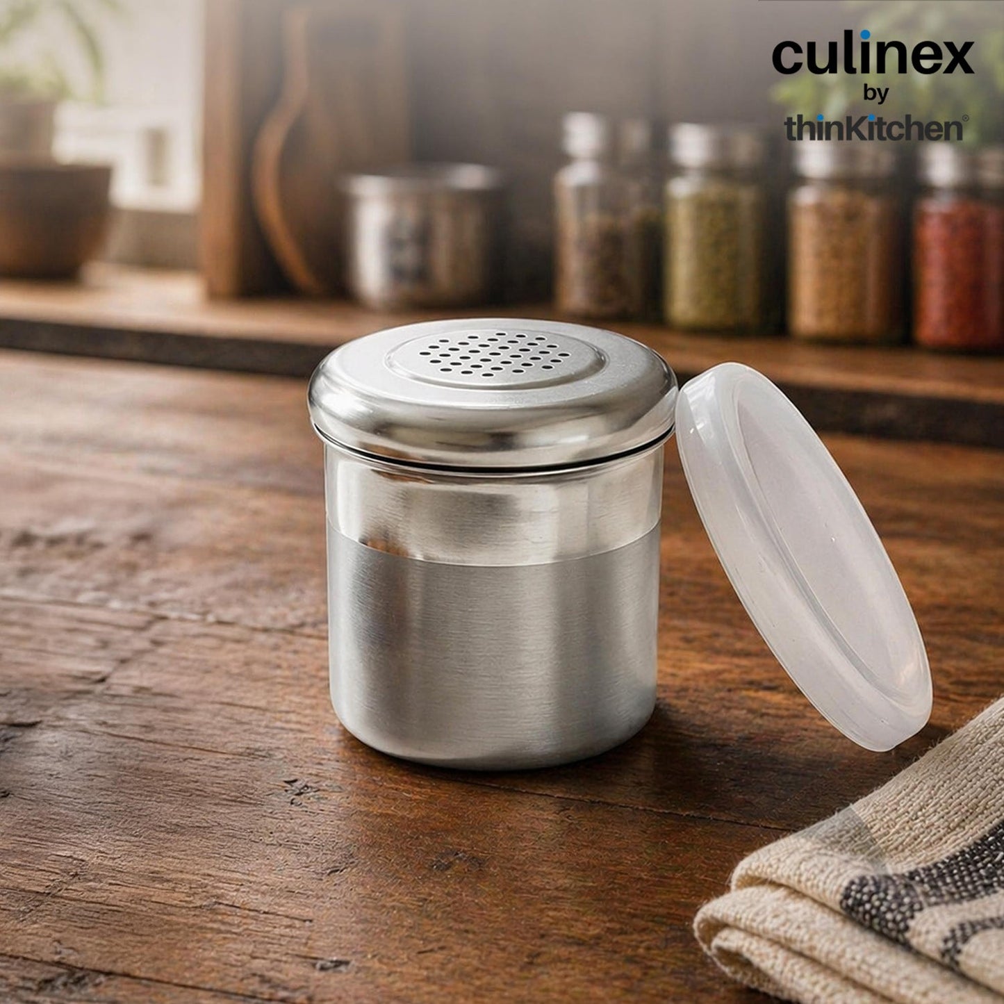 Culinex Stainless Steel 2 Pcs x 120ml Dispenser Shaker for Icing Sugar, Cocoa 6x5 cms | Fine Small Powder Dispenser with Lid for Cinnamon, Baking Sprinkler | Dual Finish Mini Canister by thinKitchen