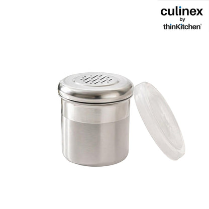 Culinex Stainless Steel 2 Pcs x 120ml Dispenser Shaker for Icing Sugar, Cocoa 6x5 cms | Fine Small Powder Dispenser with Lid for Cinnamon, Baking Sprinkler | Dual Finish Mini Canister by thinKitchen