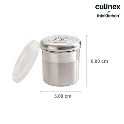 Culinex Stainless Steel 2 Pcs x 120ml Dispenser Shaker for Icing Sugar, Cocoa 6x5 cms | Fine Small Powder Dispenser with Lid for Cinnamon, Baking Sprinkler | Dual Finish Mini Canister by thinKitchen