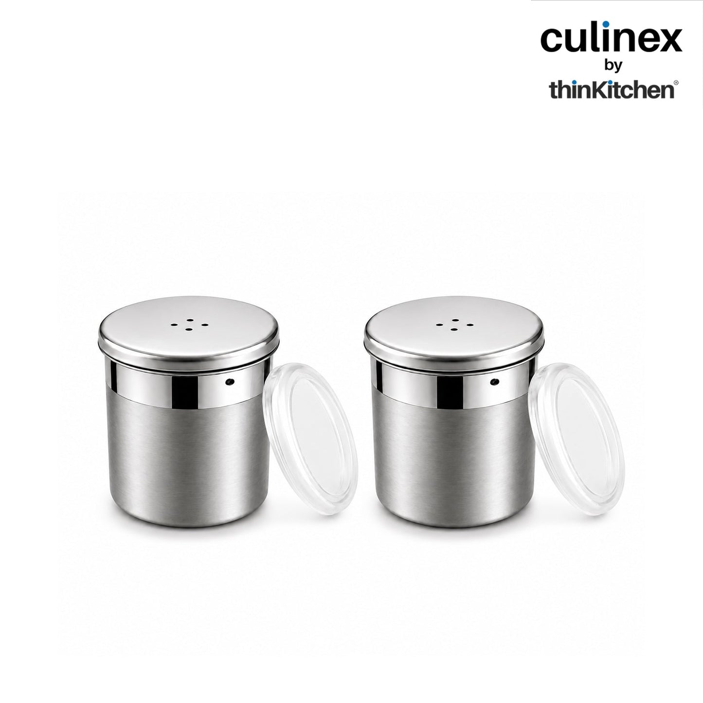Culinex Stainless Steel Portable 2 Pcs x 120ml Mini Salt Dispenser 6x5 cms | Dual Finish Small Salt Sprinkler Canister for Salt, Powdered Sugar by thinKitchen
