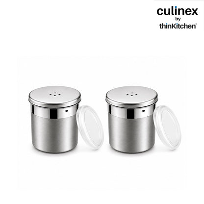 Culinex Stainless Steel Portable 2 Pcs x 120ml Mini Salt Dispenser 6x5 cms | Dual Finish Small Salt Sprinkler Canister for Salt, Powdered Sugar by thinKitchen