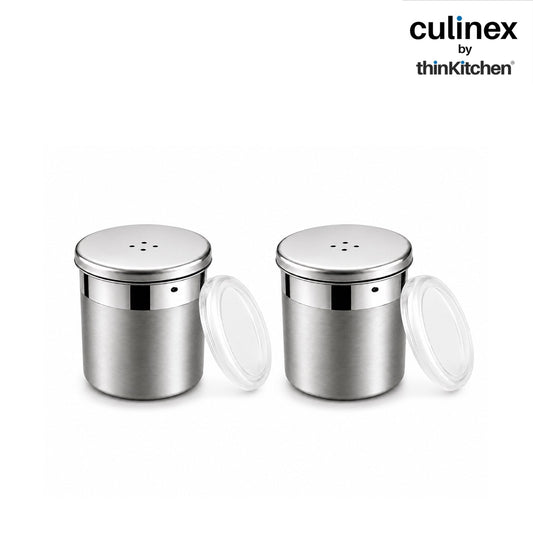 Culinex Stainless Steel Portable 2 Pcs x 120ml Mini Salt Dispenser 6x5 cms | Dual Finish Small Salt Sprinkler Canister for Salt, Powdered Sugar by thinKitchen
