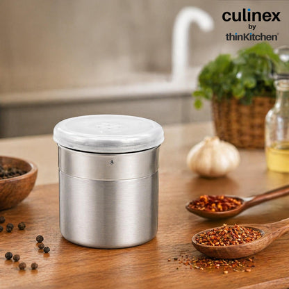 Culinex Stainless Steel Portable 2 Pcs x 120ml Mini Salt Dispenser 6x5 cms | Dual Finish Small Salt Sprinkler Canister for Salt, Powdered Sugar by thinKitchen