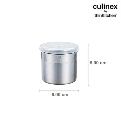 Culinex Stainless Steel Portable 2 Pcs x 120ml Mini Salt Dispenser 6x5 cms | Dual Finish Small Salt Sprinkler Canister for Salt, Powdered Sugar by thinKitchen