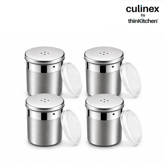 Culinex Stainless Steel Portable 4 Pcs x 120ml Mini Salt Dispenser 6x5 cms | Dual Finish Small Salt Sprinkler Canister for Salt, Powdered Sugar by thinKitchen