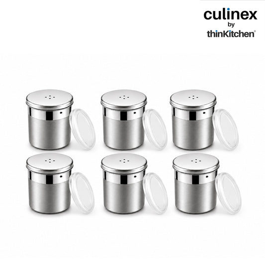 Culinex Stainless Steel Portable 6 Pcs x 120ml Mini Salt Dispenser 6x5 cms | Dual Finish Small Salt Sprinkler Canister for Salt, Powdered Sugar by thinKitchen