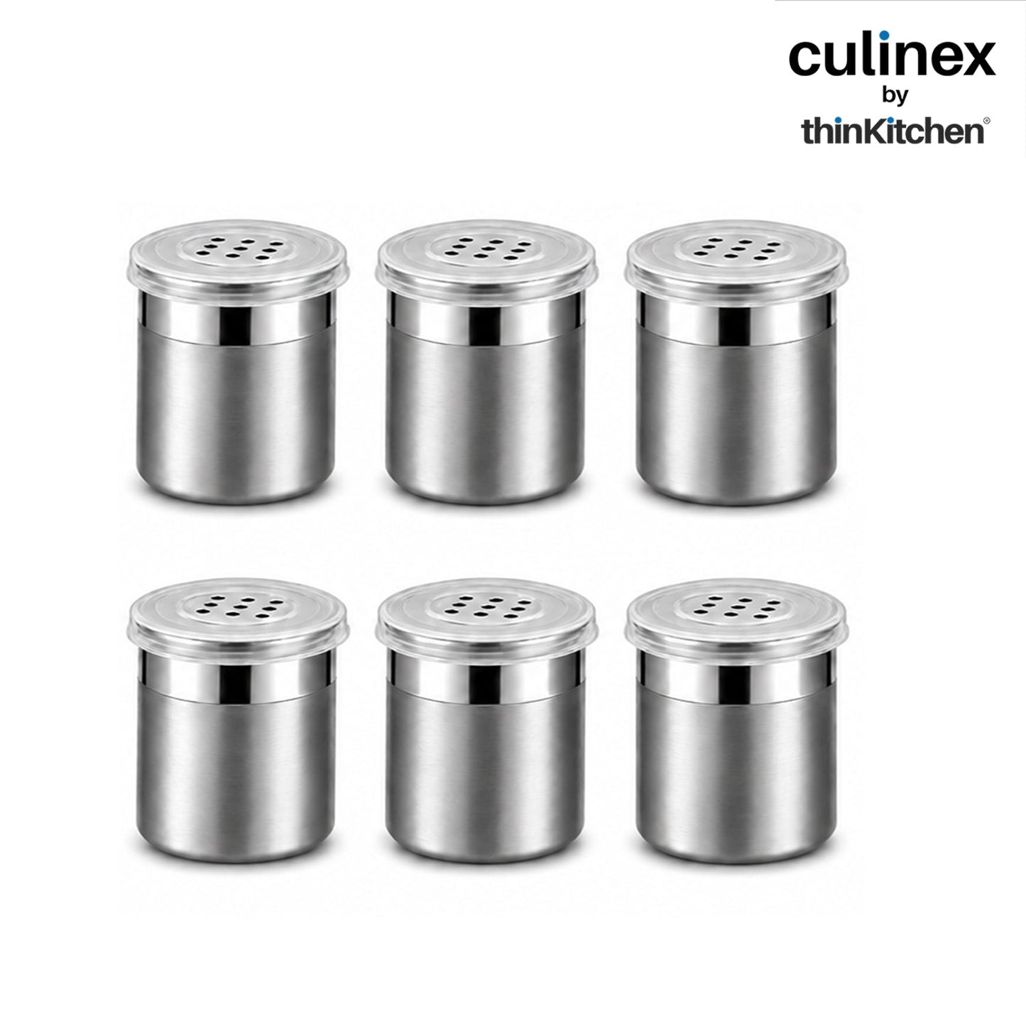 Culinex Stainless Steel Small 6 Pcs x 100ml Seasoning Salt Pepper Dispenser - 5x6 cms | Coarse Spice Sprinkler with Lid for Spices, Herbs, Masala | Dual Finish Mini Condiments Dispenser By thinKitchen