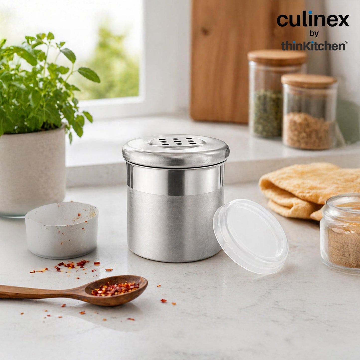 Culinex Stainless Steel Small 6 Pcs x 100ml Seasoning Salt Pepper Dispenser - 5x6 cms | Coarse Spice Sprinkler with Lid for Spices, Herbs, Masala | Dual Finish Mini Condiments Dispenser By thinKitchen
