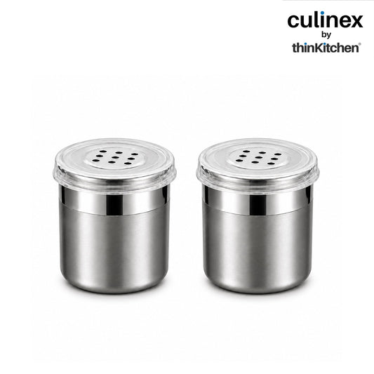 Culinex Stainless Steel Small 2 Pcs x 120ml Seasoning Salt Pepper Dispenser - 6x5 cms | Coarse Spice Sprinkler with Lid for Spices, Herbs, Masala | Dual Finish Mini Condiments Dispenser By thinKitchen