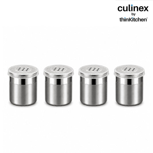 Culinex Stainless Steel Small 4 Pcs x 120ml Seasoning Salt Pepper Dispenser - 6x5 cms | Coarse Spice Sprinkler with Lid for Spices, Herbs, Masala | Dual Finish Mini Condiments Dispenser By thinKitchen