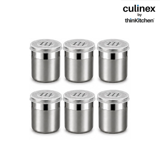 Culinex Stainless Steel Small 6 Pcs x 120ml Seasoning Salt Pepper Dispenser - 6x5 cms | Coarse Spice Sprinkler with Lid for Spices, Herbs, Masala | Dual Finish Mini Condiments Dispenser By thinKitchen