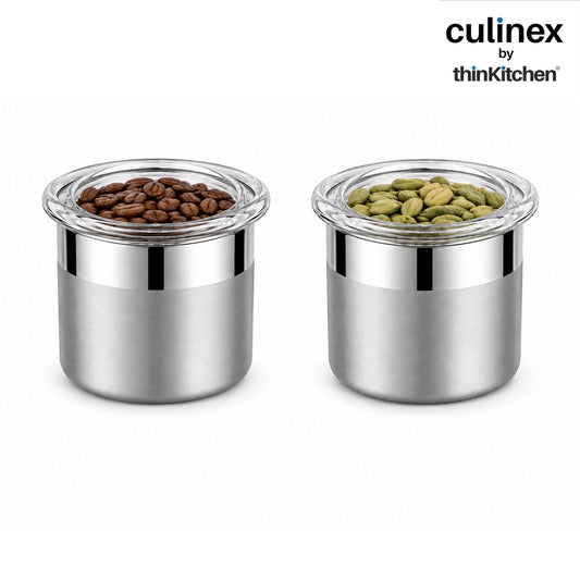 Culinex Premium 2 Pcs x 120ml Stainless Steel Airtight Storage Container (6x5cms), Multipurpose Jar, Mini Dabba with Acrylic Lid for Kitchen | Dual Finish, Mini Canister for Spices, Herbs By thinKitchen