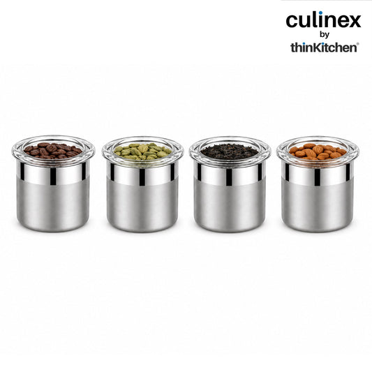 Culinex Premium 4 Pcs x 120ml Stainless Steel Airtight Storage Container (6x5cms), Multipurpose Jar, Mini Dabba with Acrylic Lid for Kitchen | Dual Finish, Mini Canister for Spices, Herbs By thinKitchen