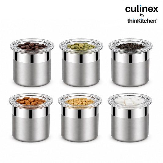 Culinex Premium 6 Pcs x 120ml Stainless Steel Airtight Storage Container (6x5cms), Multipurpose Jar, Mini Dabba with Acrylic Lid for Kitchen | Dual Finish, Mini Canister for Spices, Herbs By thinKitchen