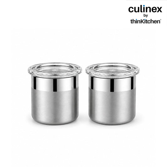 Culinex 18/8 Stainless Steel 2 Pcs x 100ml Small Airtight Storage Container (5x6cms), Mini dabba with Acrylic Lid for Kitchen | Dual Finish, Space Saving Mini Canister for Spices, Herbs By thinKitchen