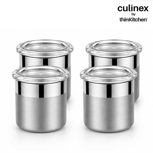 Culinex 18/8 Stainless Steel 4 Pcs x 100ml Small Airtight Storage Container (5x6cms), Mini dabba with Acrylic Lid for Kitchen | Dual Finish, Space Saving Mini Canister for Spices, Herbs By thinKitchen