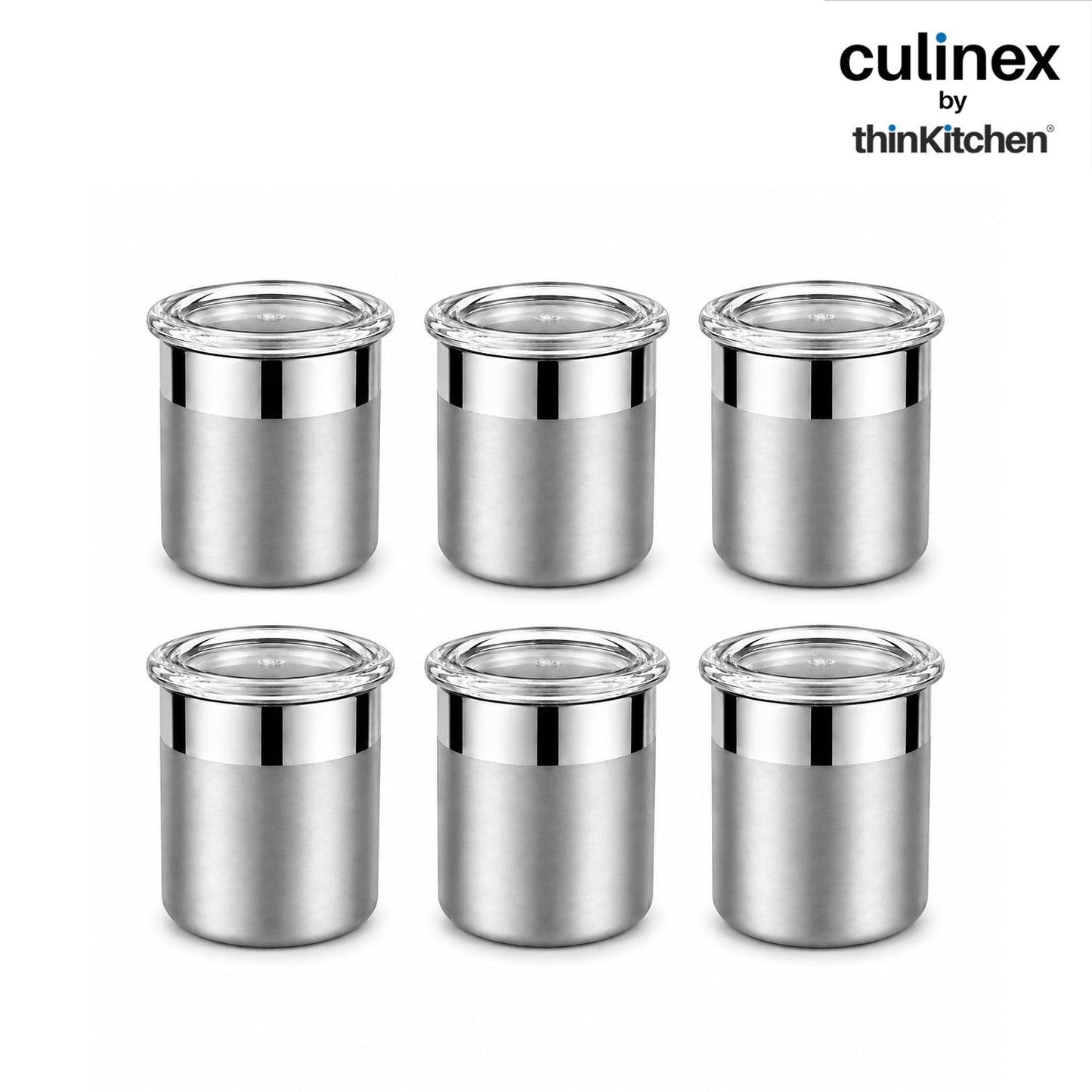 Culinex 18/8 Stainless Steel 6 Pcs x 100ml Small Airtight Storage Container (5x6cms), Mini dabba with Acrylic Lid for Kitchen | Dual Finish, Space Saving Mini Canister for Spices, Herbs By thinKitchen