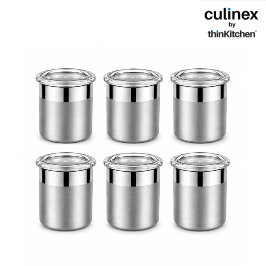 Culinex 18/8 Stainless Steel 6 Pcs x 100ml Small Airtight Storage Container (5x6cms), Mini dabba with Acrylic Lid for Kitchen | Dual Finish, Space Saving Mini Canister for Spices, Herbs By thinKitchen