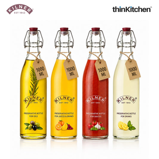 Kilner Premium 1L Square Clip top Airtight Preservative Bottle Set of 4 for Oils, Juices, Drinks, Sauces | Transparent Multipurpose, Reusable Kitchen Storage Container