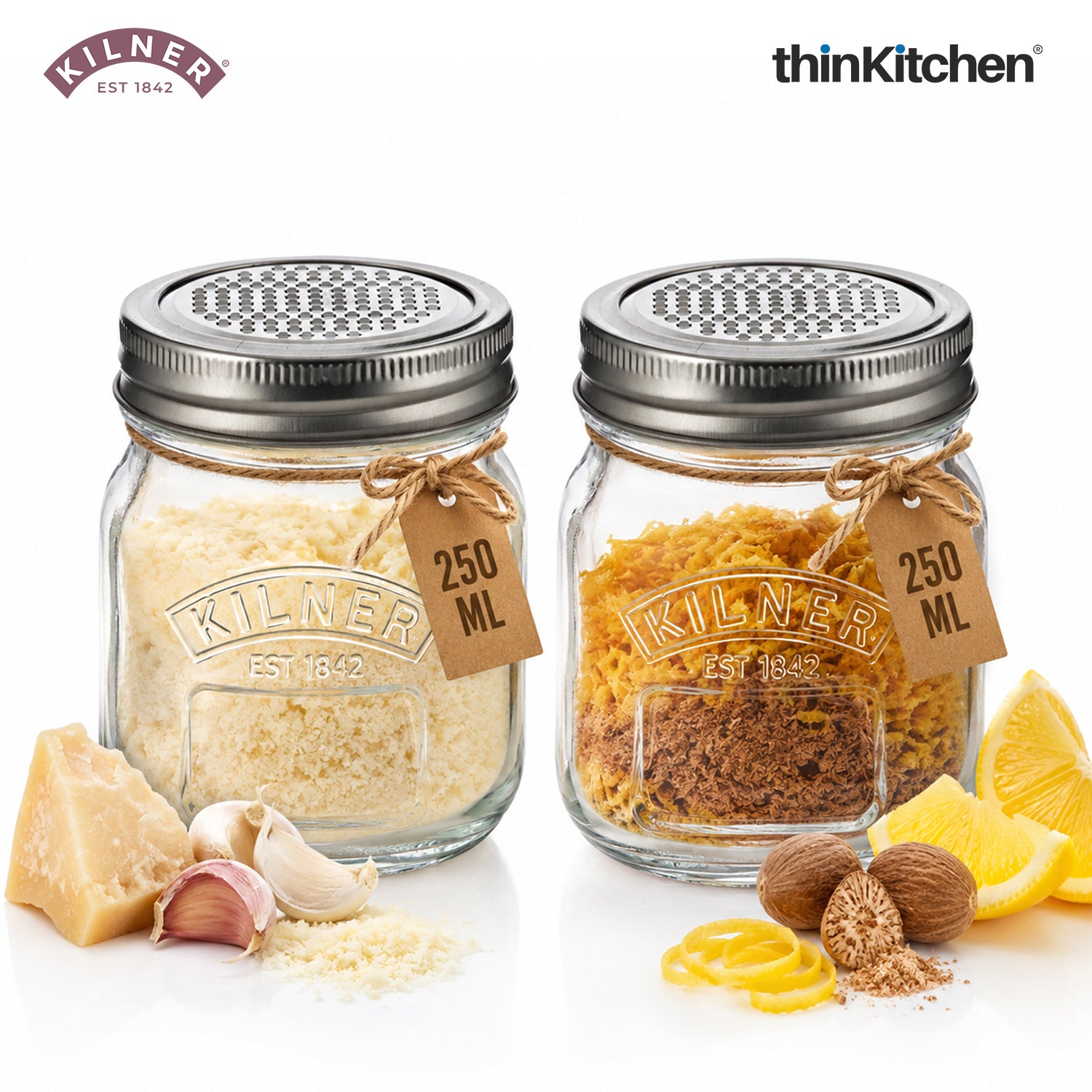 Kilner Premium 250ml Glass Storage Jar Set of 2 with Fine Grater Lid for Nutmeg, Cheese, Garlic & Citrus | Multipurpose Zester & Spice Jar, Reusable, Dishwasher Safe BPA Free Kitchen Container - 1