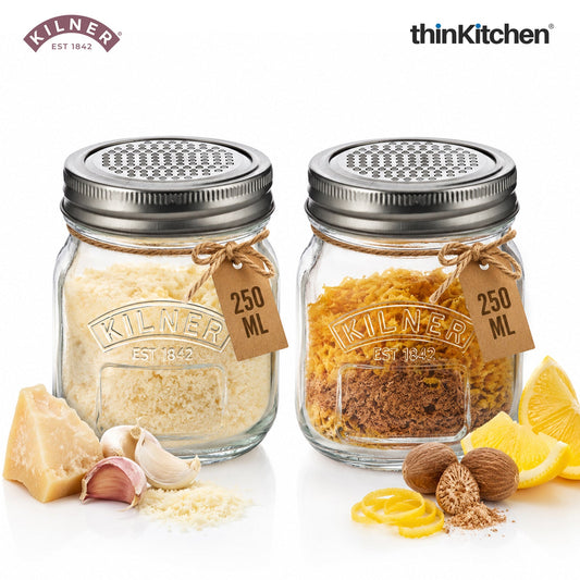 Kilner Premium 250ml Glass Storage Jar Set of 2 with Fine Grater Lid for Nutmeg, Cheese, Garlic & Citrus | Multipurpose Zester & Spice Jar, Reusable, Dishwasher Safe BPA Free Kitchen Container