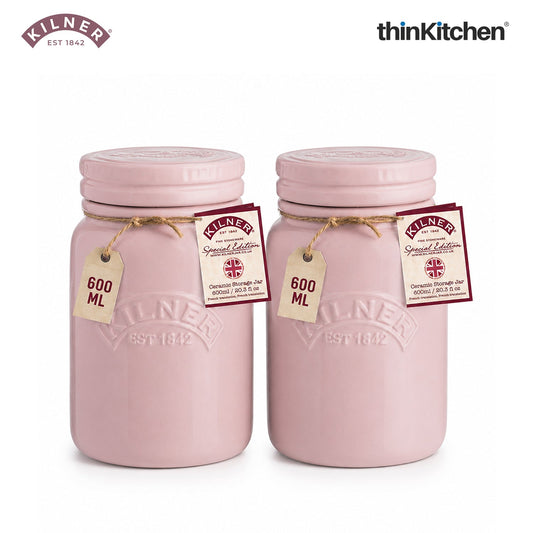 Kilner Premium 600ml Airtight Ceramic Storage Jar with Push Top Lid Set of 2- Pink for Dry Food, Tea, Coffee, Sugar, Biscuits | Stylish and Modern Kitchen Stoneware Storage Container