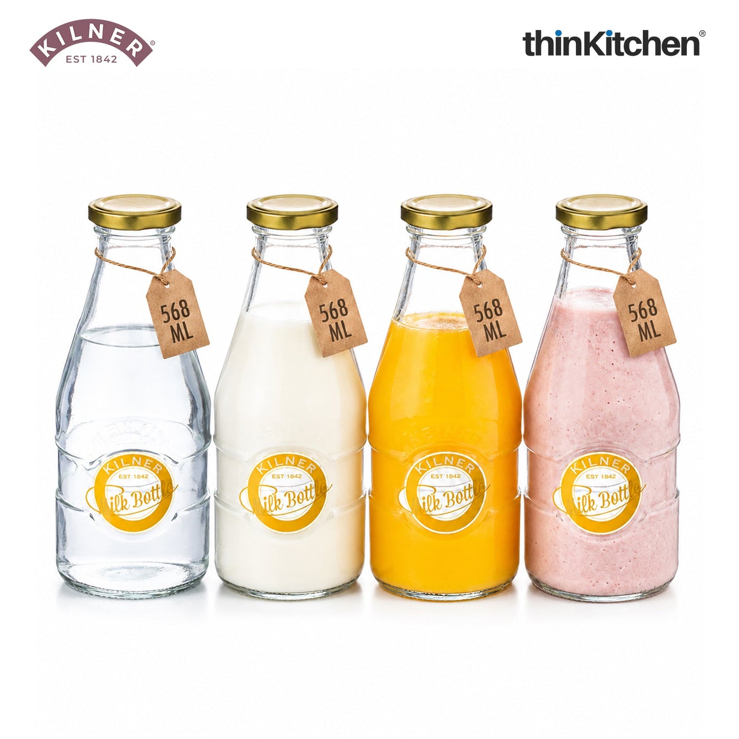 Kilner Premium 568ml Clear Airtight Glass Bottle Set of 4 for Water, Milk, Juices, Shakes | Reusable Twist Top Bottle, BPA Free, Eco-Friendly Kitchen Storage