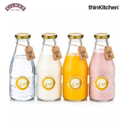 Kilner Premium 568ml Clear Airtight Glass Bottle Set of 4 for Water, Milk, Juices, Shakes | Reusable Twist Top Bottle, BPA Free, Eco-Friendly Kitchen Storage