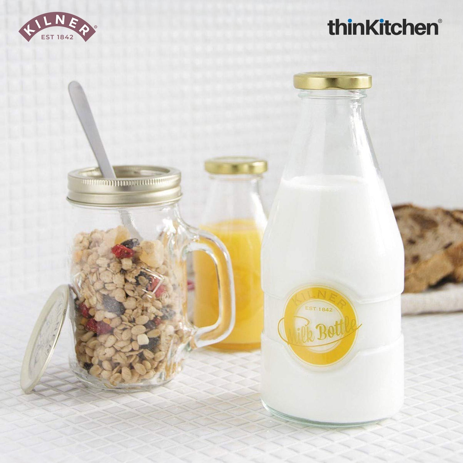 Kilner Premium 568ml Clear Airtight Glass Bottle Set of 4 for Water, Milk, Juices, Shakes | Reusable Twist Top Bottle, BPA Free, Eco-Friendly Kitchen Storage - 4