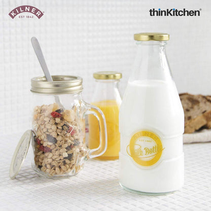 Kilner Premium 568ml Clear Airtight Glass Bottle Set of 4 for Water, Milk, Juices, Shakes | Reusable Twist Top Bottle, BPA Free, Eco-Friendly Kitchen Storage
