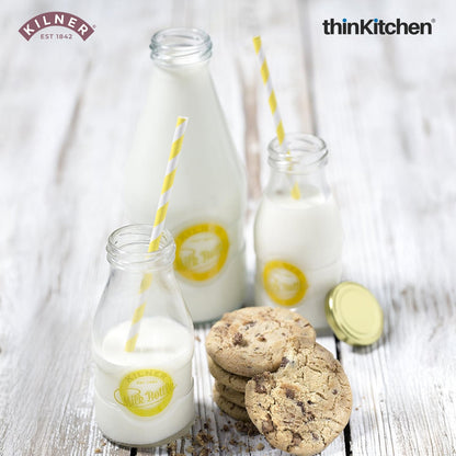 Kilner Premium 568ml Clear Airtight Glass Bottle Set of 4 for Water, Milk, Juices, Shakes | Reusable Twist Top Bottle, BPA Free, Eco-Friendly Kitchen Storage