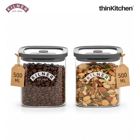 Kilner Premium 500ml Airtight Glass Jar Set of 2 with Vacuum Seal for Coffee, Herbs, Spices, Nuts, Snacks | BPA-Free Fresh Storage Glass Container