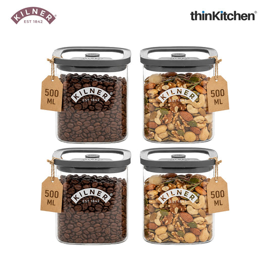Kilner Premium 500ml Airtight Glass Jar Set of 4 with Vacuum Seal for Coffee, Herbs, Spices, Nuts, Snacks | BPA-Free Fresh Storage Glass Container