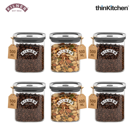 Kilner Premium 500ml Airtight Glass Jar Set of 6 with Vacuum Seal for Coffee, Herbs, Spices, Nuts, Snacks | BPA-Free Fresh Storage Glass Container